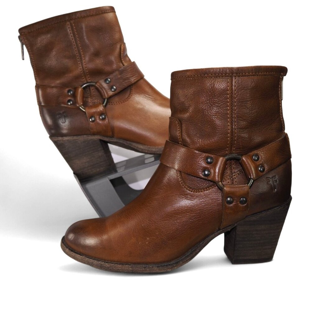 Frye Tabitha Harness Leather Side Ankle Boots Women's 7.5B Cognac Brown 3477944